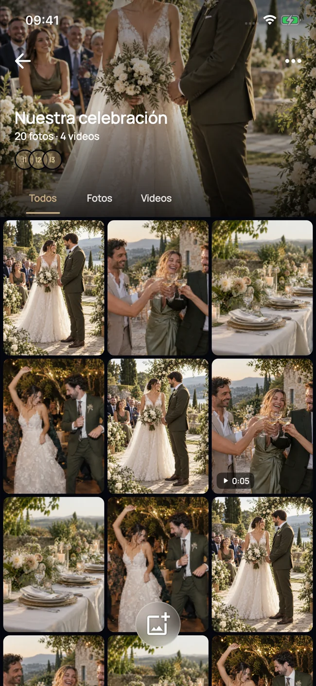 Native Celebriam screenshot: shared album with photo and video tabs and a grid of memories.