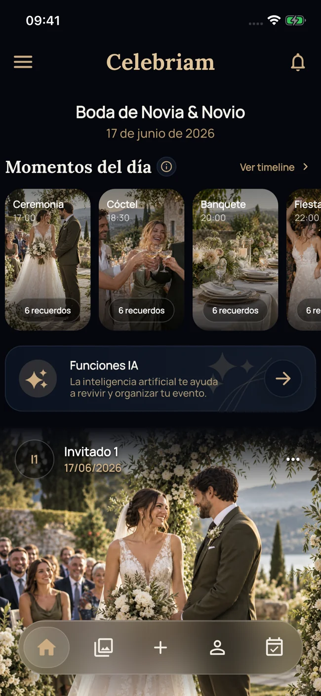 Native Celebriam screenshot: event feed with moments of the day, access to AI features and guest posts.