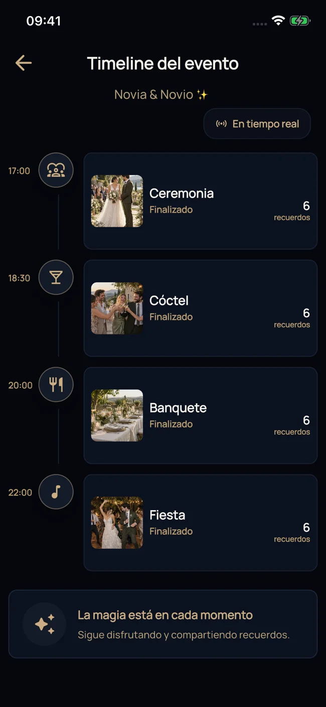 Native Celebriam screenshot: event timeline with ceremony, drinks, dinner and party organised by time.